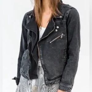 One Teaspoon Vespa Black Moto Biker Denim Jacket Distressed Washed black